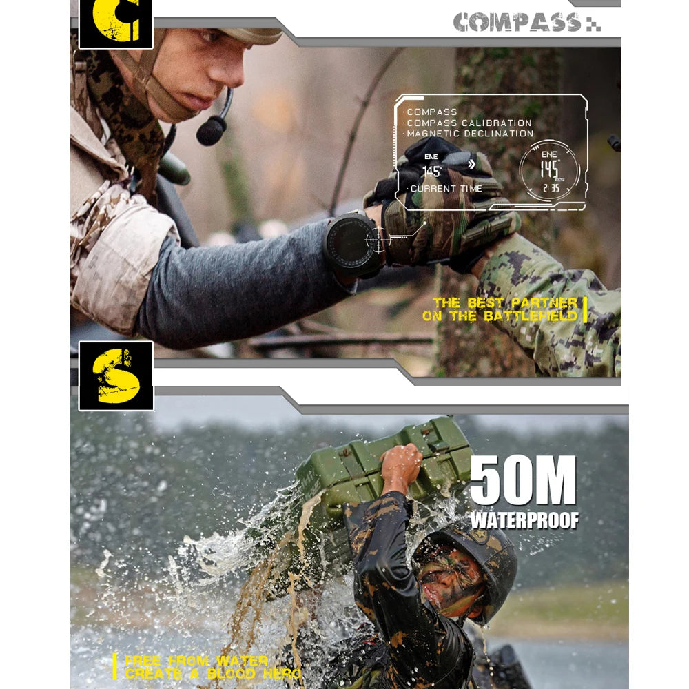Relógio esportivo digital masculino NORTH EDGE com horímetro, função de corrida e natação, estilo militar, altímetro, barômetro e bússola, à prova d'água até 50 metros.