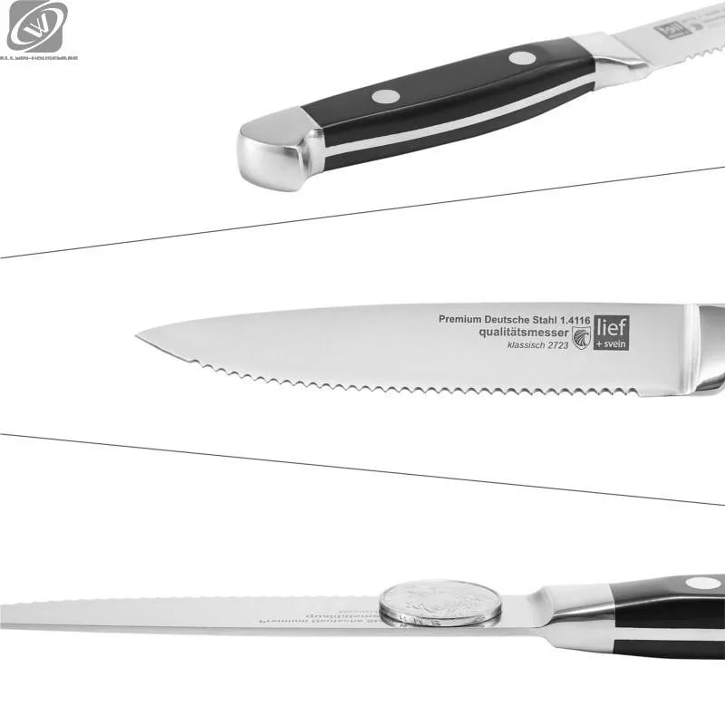 Conjunto de facas de bife clássicas e elegantes em aço inoxidável com cabos altamente polidos, ideais para churrasco ao ar livre, passeios turísticos e utensílios de cozinha delicados.