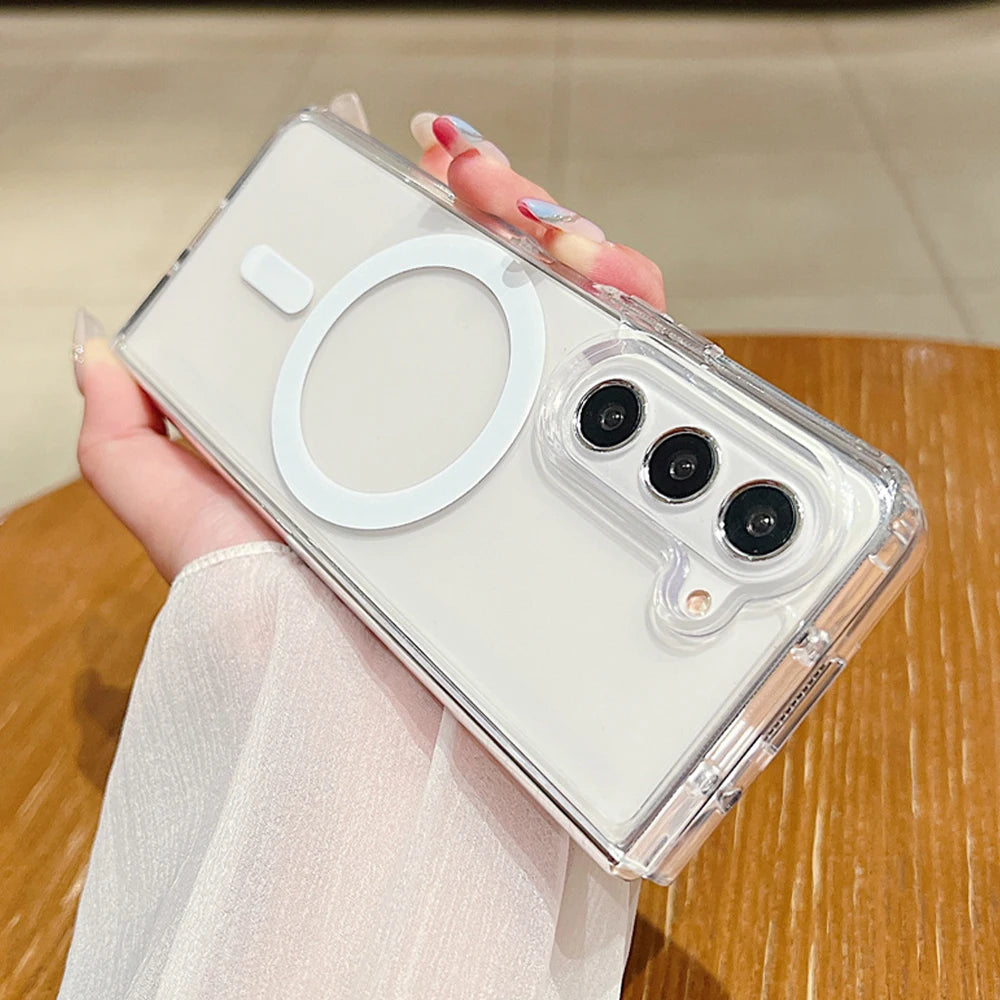 Capa protetora magnética transparente Magsafe para Samsung Z Fold 5 4 6 3 Flip 6 4 5 3 5G com carregamento sem fio.