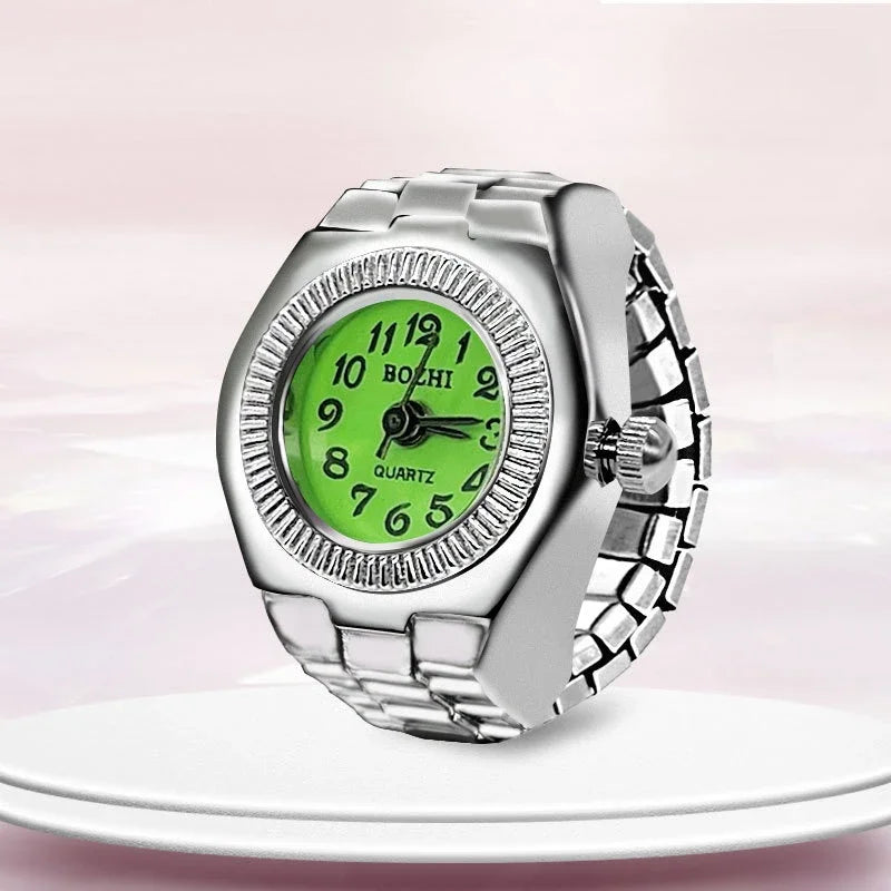 Relógio de dedo vintage punk, mini relógio de liga metálica com pulseira elástica, anel para casal, joia retrô, relógio de quartzo romano, anel feminino masculino