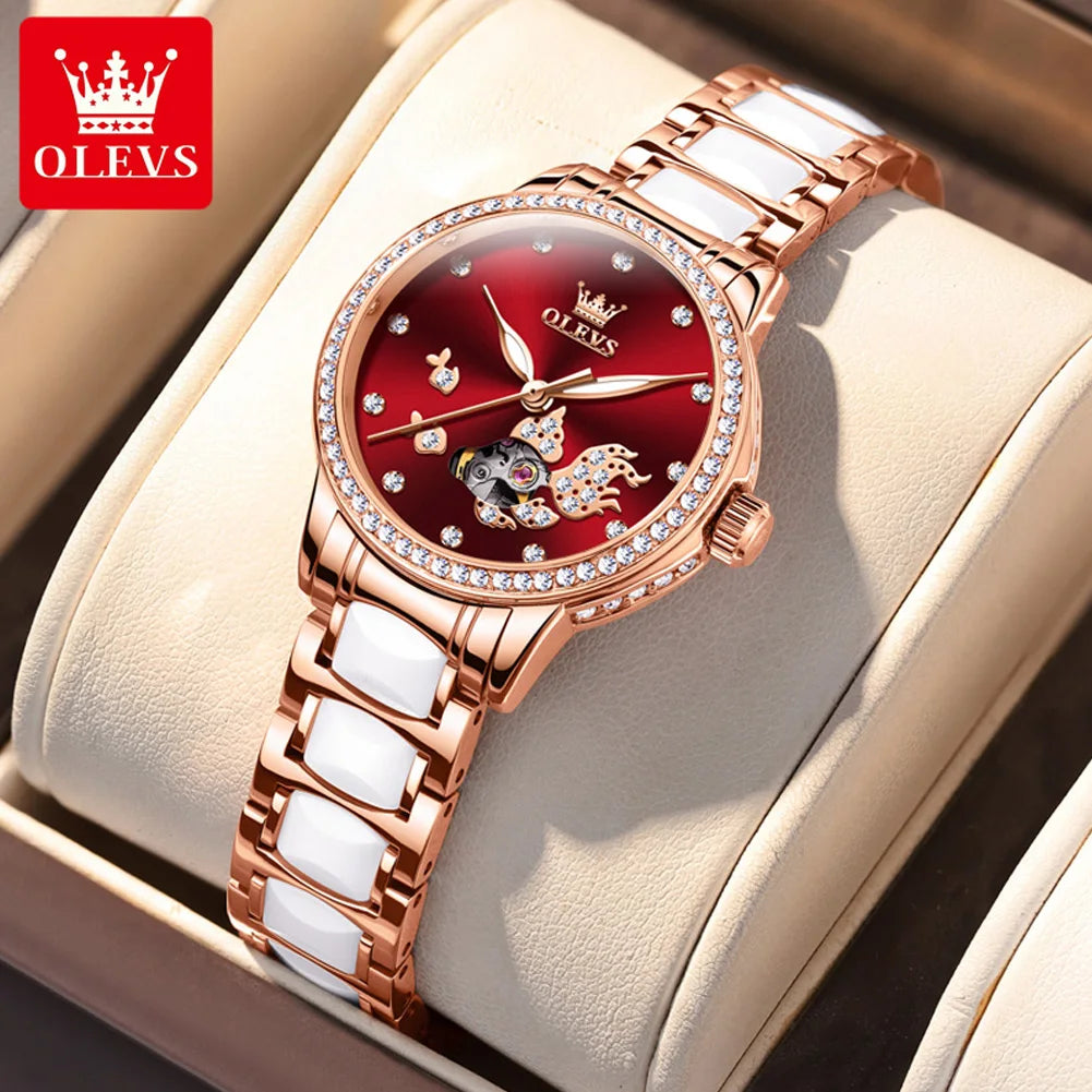 OLEVS Relógio Feminino Automático Mecânico em Aço Inoxidável – Resistente à Água 3 Bar
