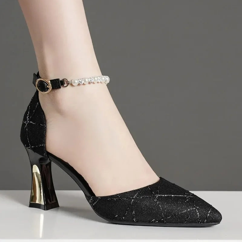 Sandálias Femininas de Salto Alto com Ponta Fina e Pérolas Imitadas, Sapatos de Luxo para Casamento