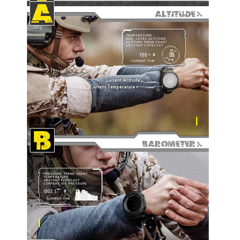 Relógio esportivo digital masculino NORTH EDGE com horímetro, função de corrida e natação, estilo militar, altímetro, barômetro e bússola, à prova d'água até 50 metros.